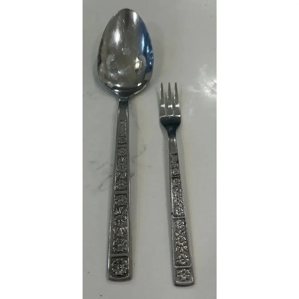 Imperial SERTA Pierced Serving Spoon & Small‎ Fork Floral Stainless Flatware